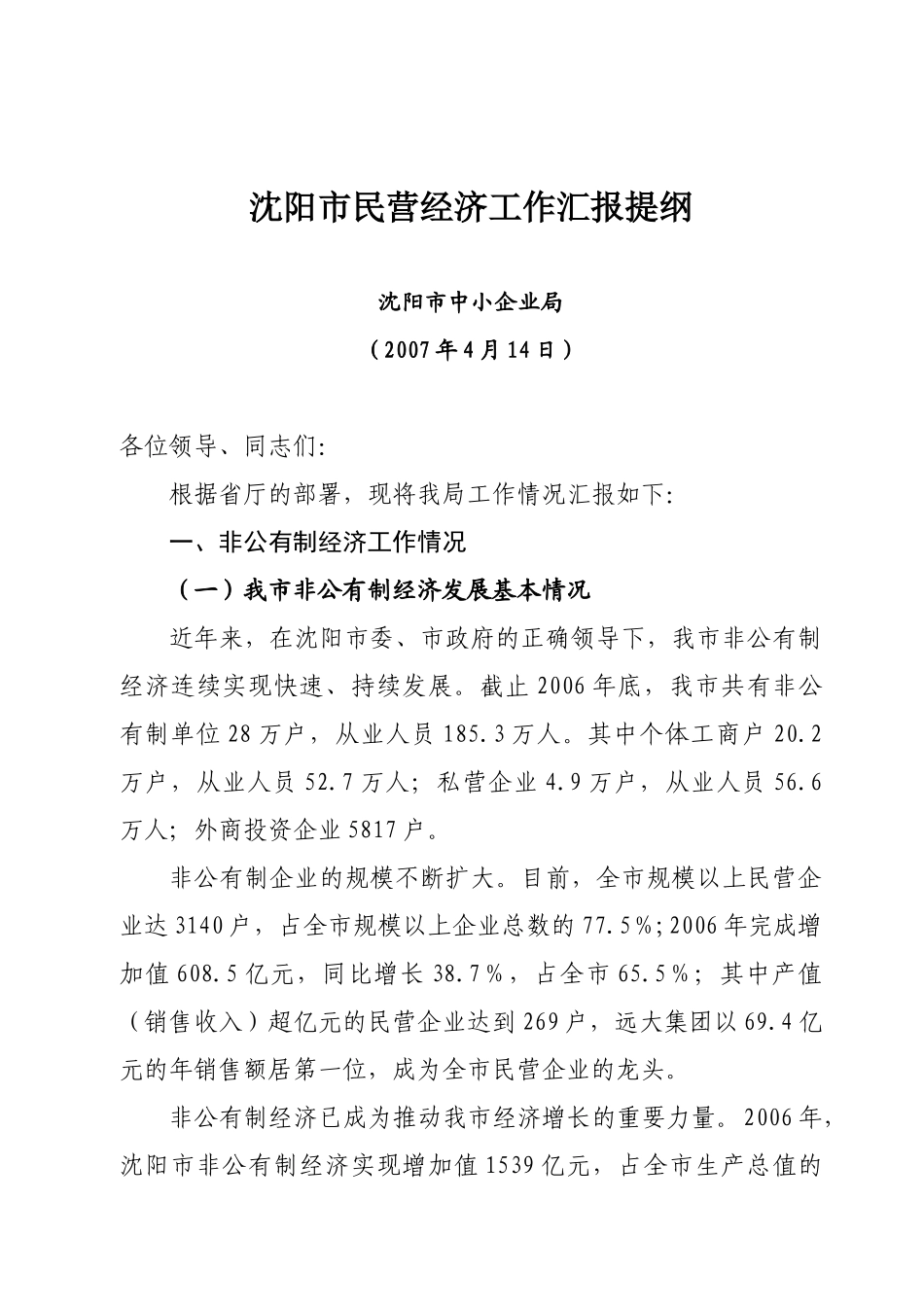 沈阳市民营经济工作汇报提纲_第1页