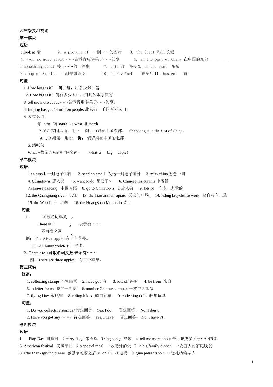 六年级上册复习提纲__短语+句型[1]_第1页