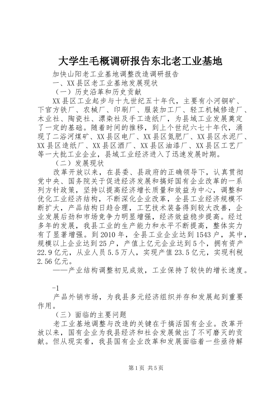 大学生毛概调研报告东北老工业基地_第1页