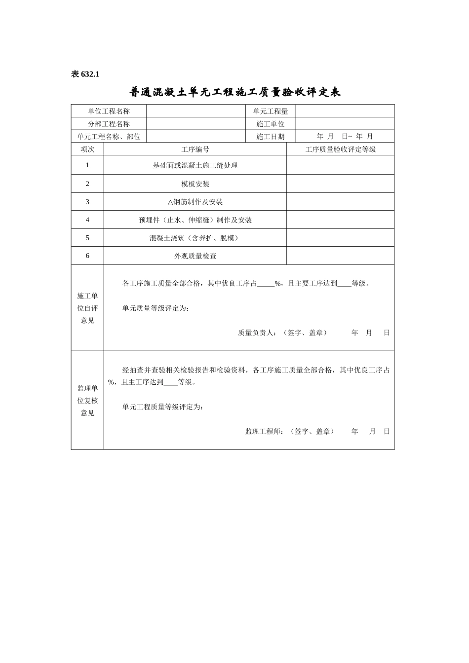 水利水电工程单元工程施工质量验收评定表SL632(混凝土_第1页