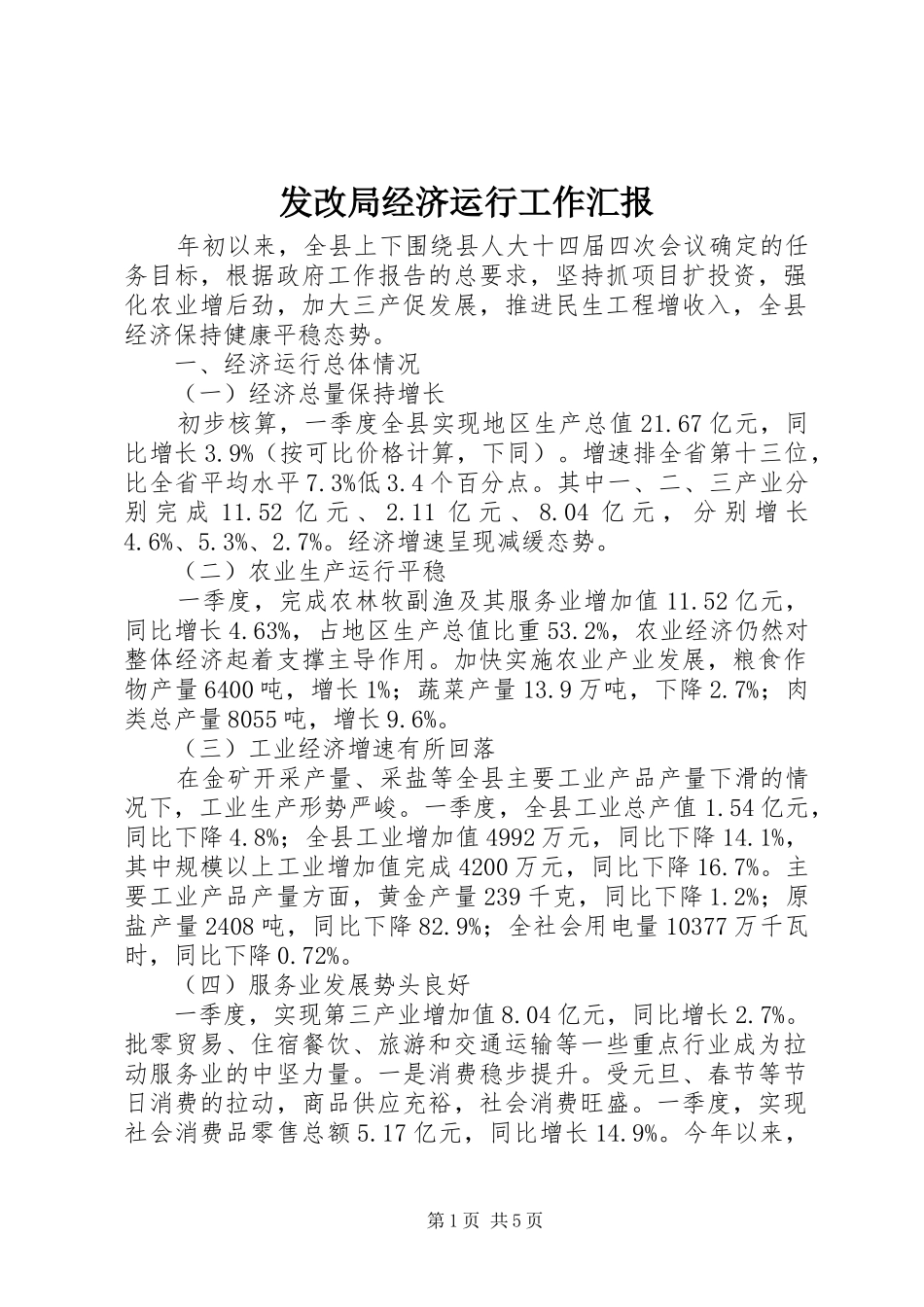 发改局经济运行工作汇报_第1页