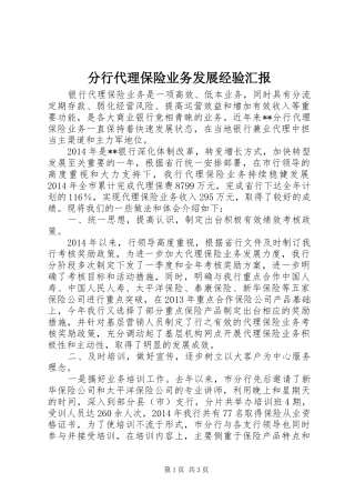 分行代理保险业务发展经验汇报