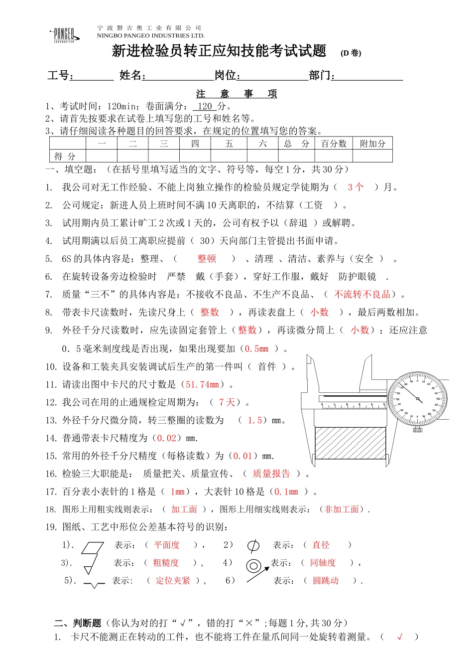 新进检验员转正应知技能考试试题11(D卷有答案)XXXX127_第1页