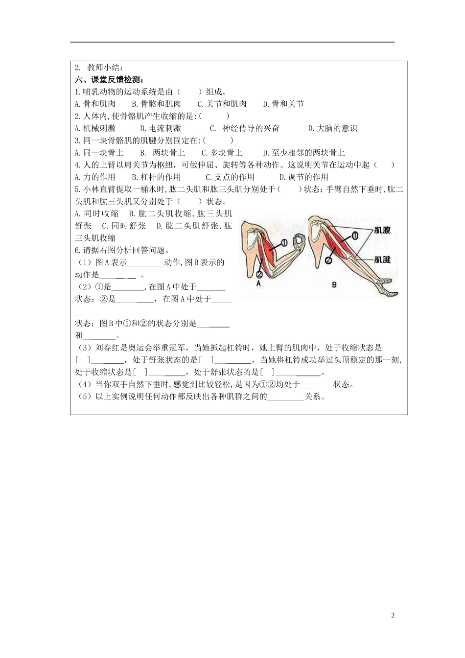 2013-2014学年八年级生物上册第五单元第二章动物的运动和行为521动物的运动导学案（预习检测+合作探究+课堂反馈检测）新人教版_第2页