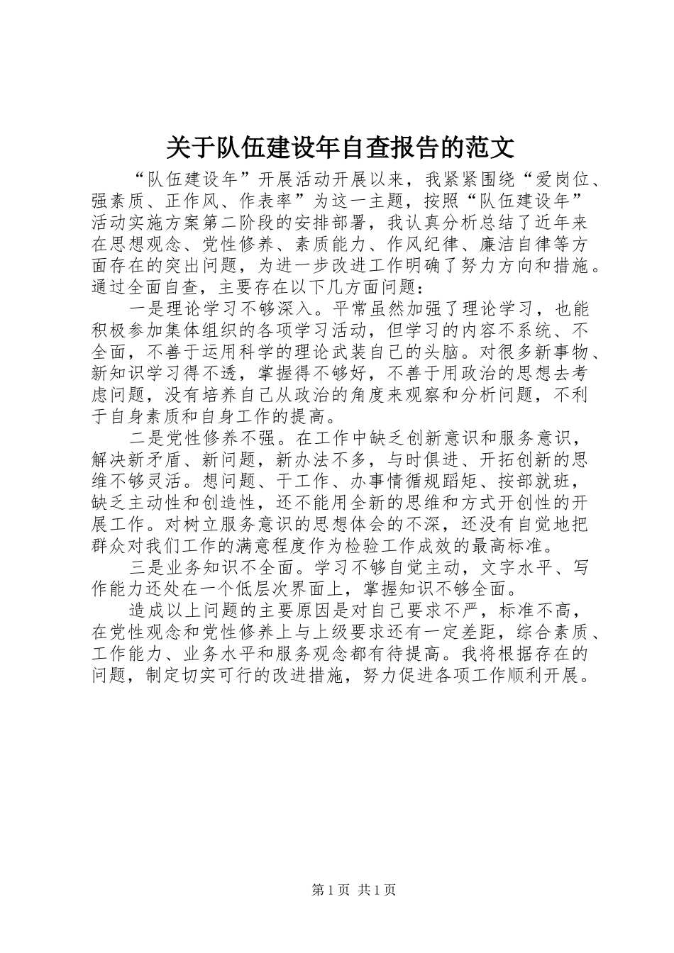 关于队伍建设年自查报告的范文_第1页