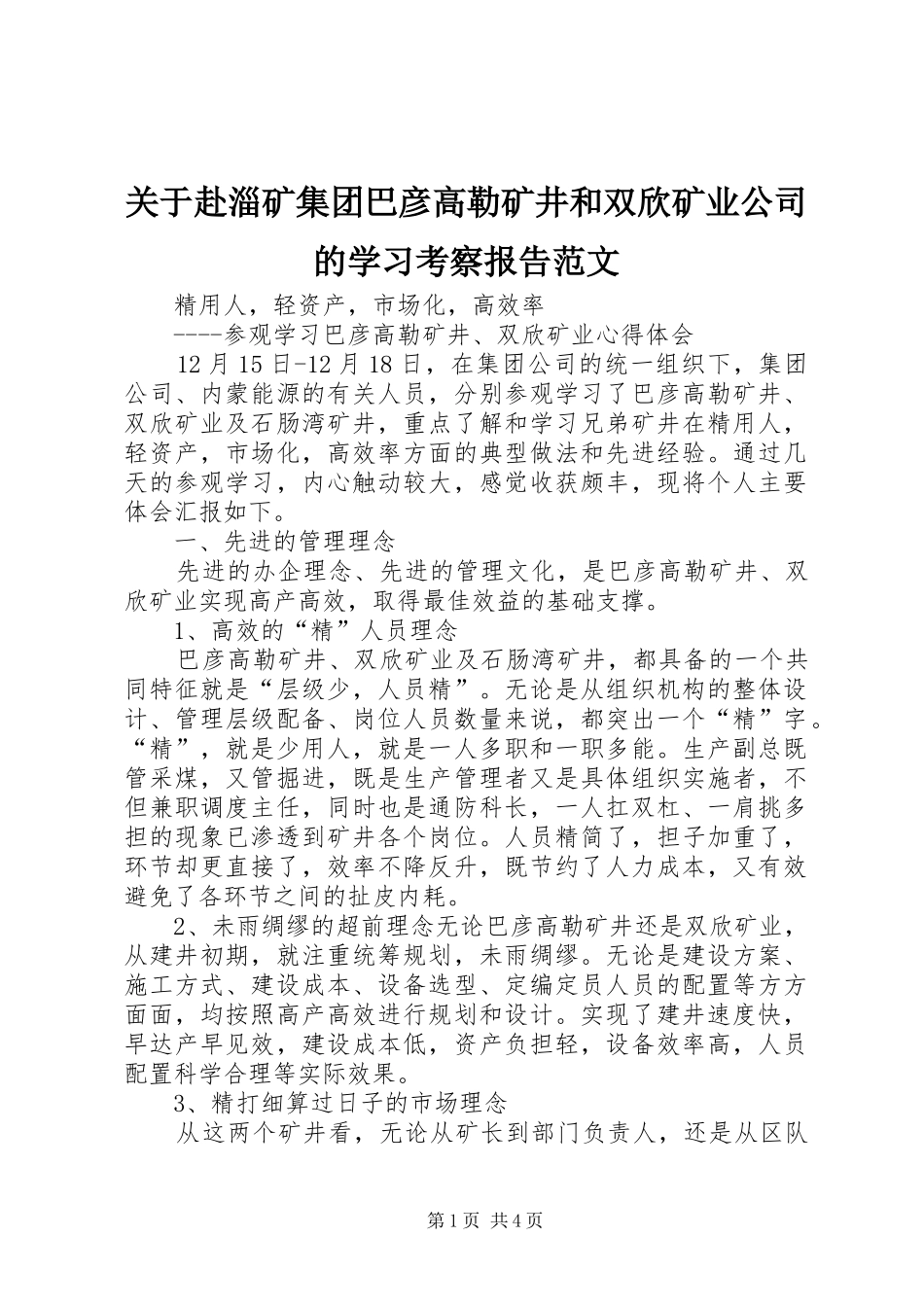 关于赴淄矿集团巴彦高勒矿井和双欣矿业公司的学习考察报告范文_第1页