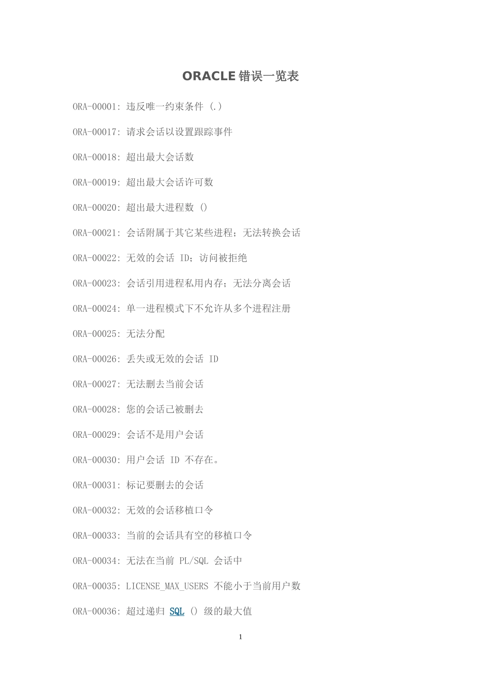 ORACLE错误一览表_第1页