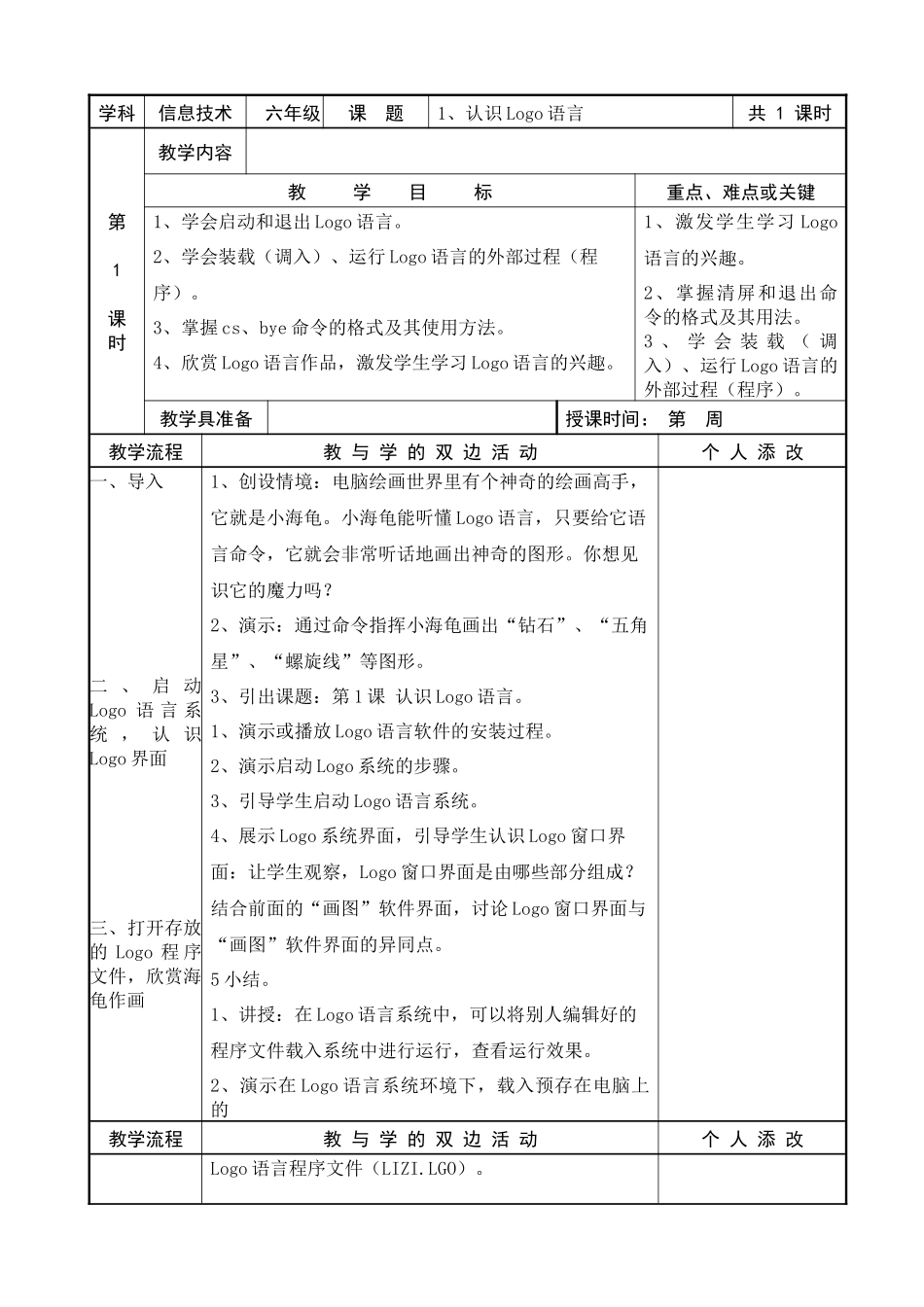 XXXX-XXXX学年福建教育出版社信息技术六年级下册教案_第1页
