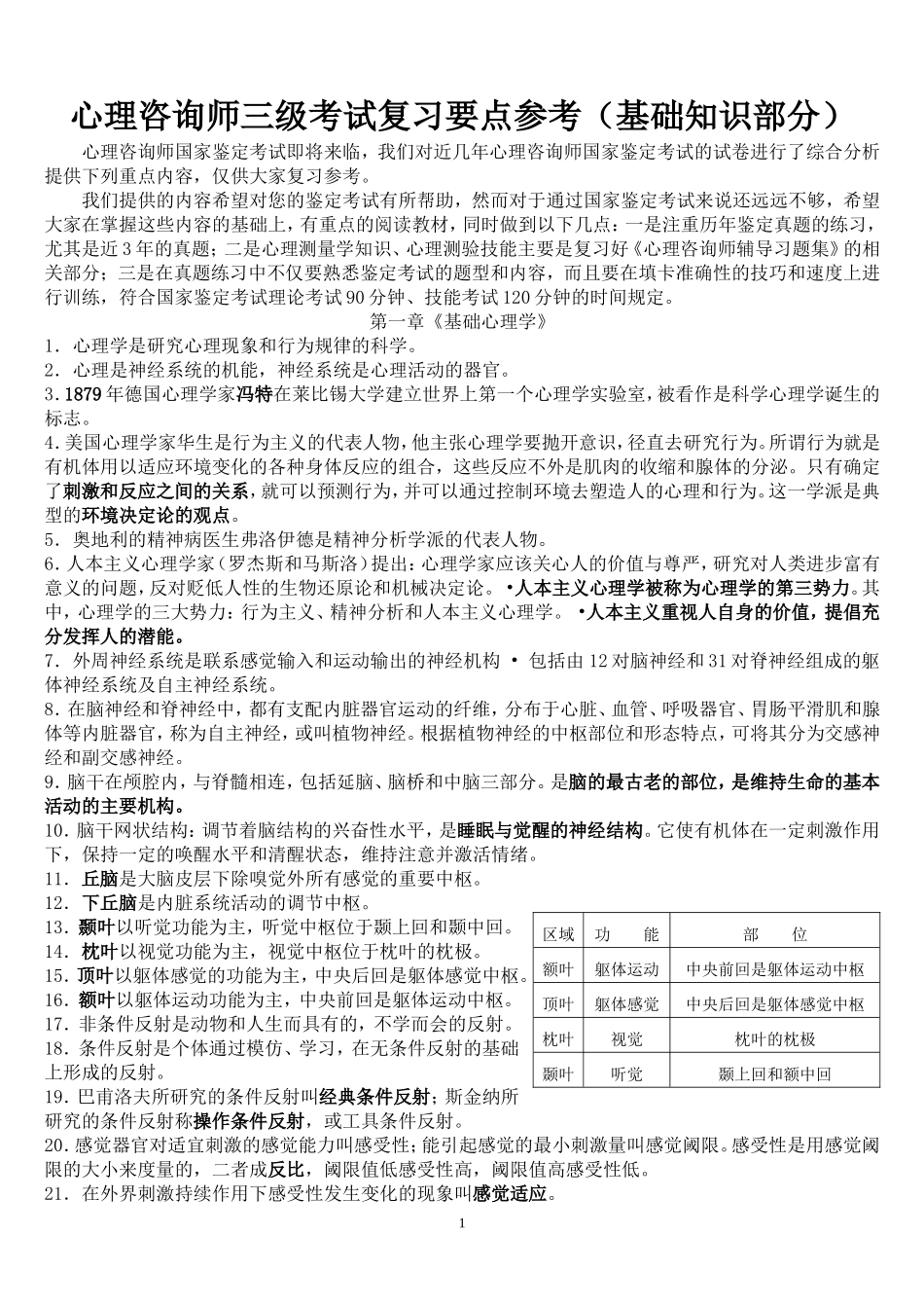 心理咨询师三级考试复习要点参考(基础知识部分)_第1页