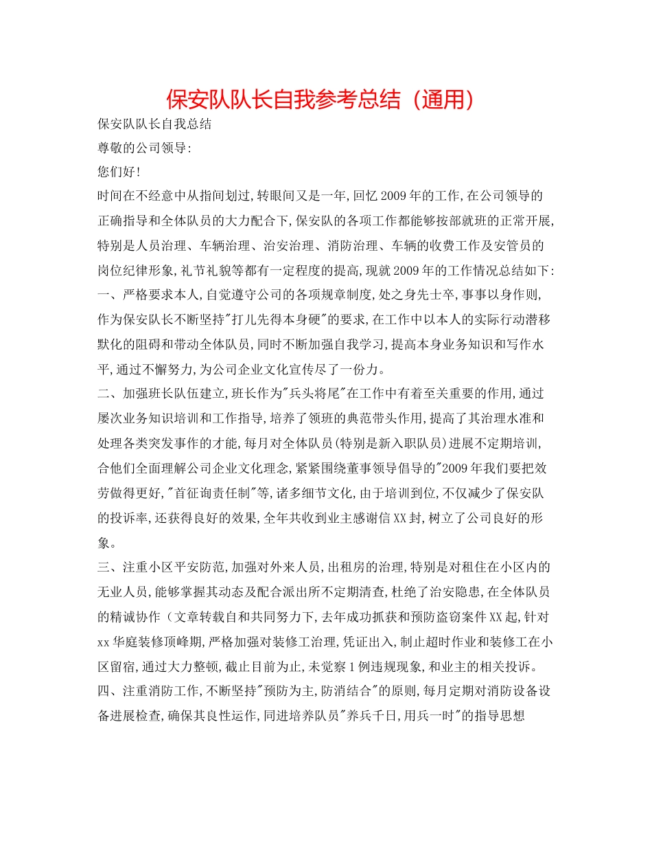 保安队队长自我参考总结（通用）_第1页