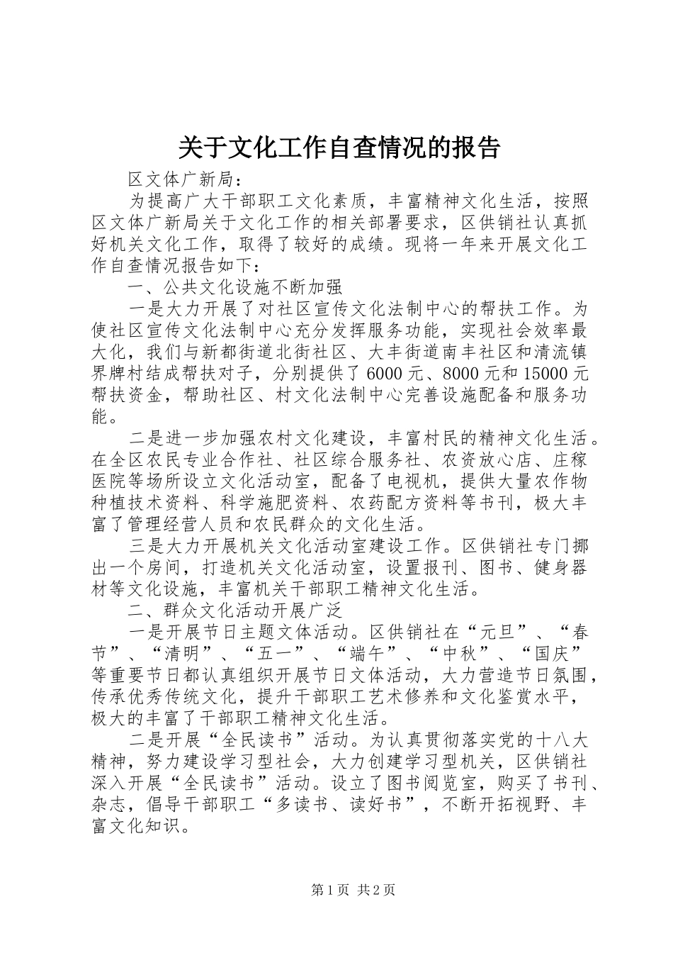 关于文化工作自查情况的报告_第1页