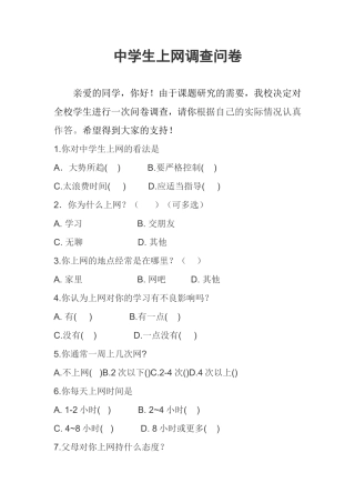 中学生上网调查问卷 (2)