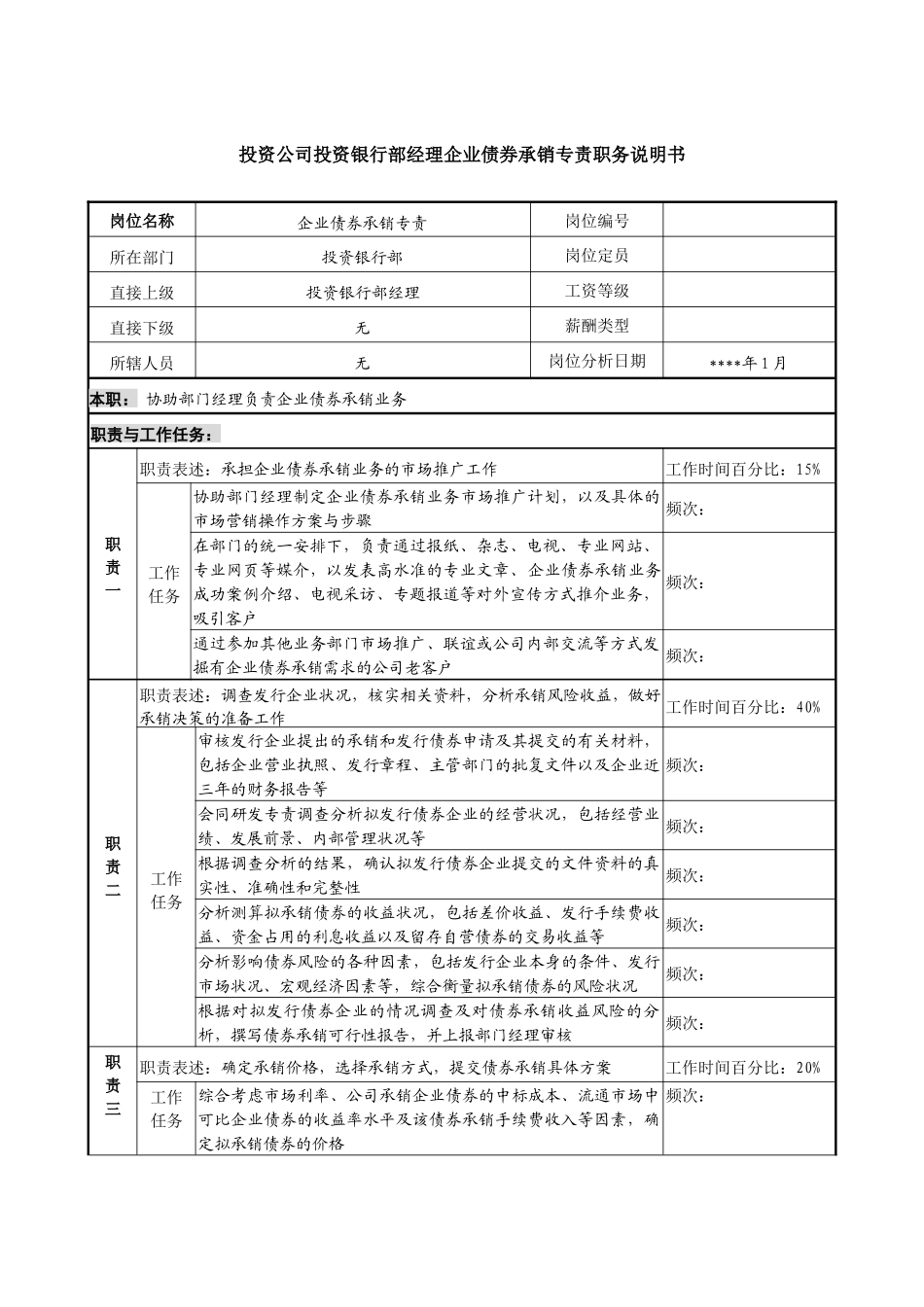 投资公司投资银行部经理企业债券承销专责职务说明书_第1页