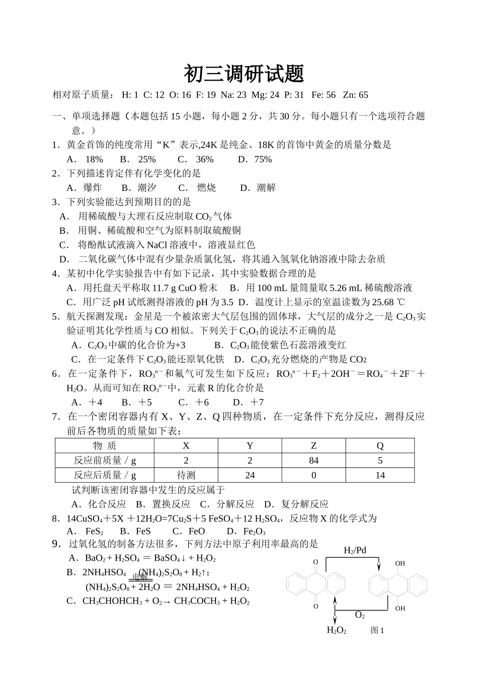 扬州中学教育集团树人学校2012届初三调研试题(化学)_第1页
