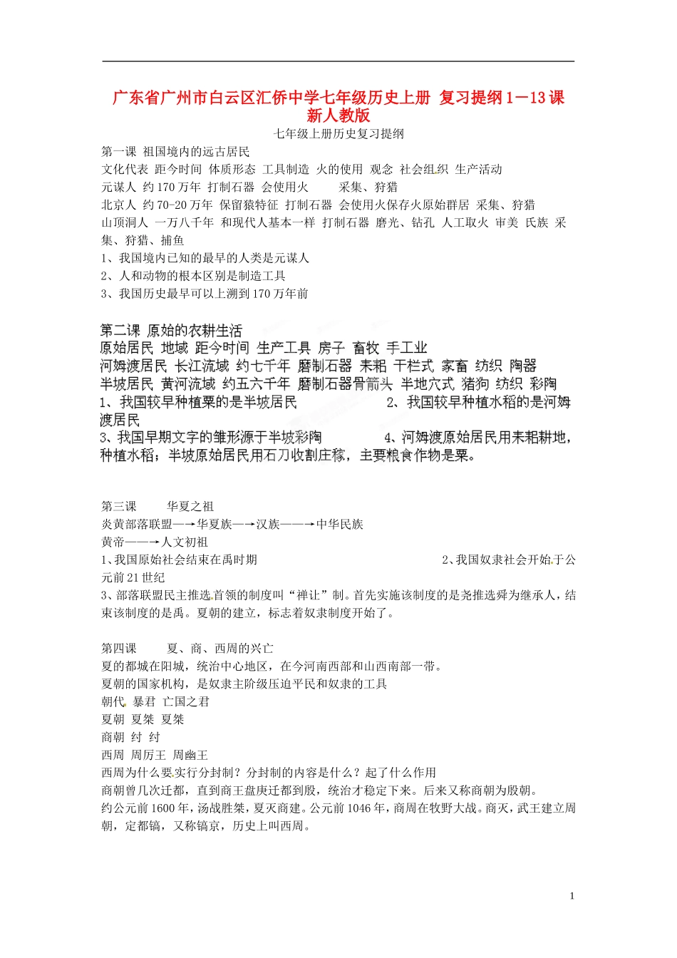 七年级历史上册复习提纲1－13课新人教版_第1页