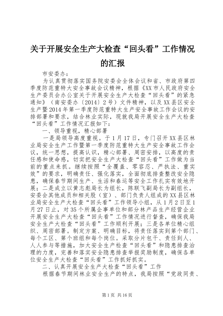 关于开展安全生产大检查“回头看”工作情况的汇报_第1页