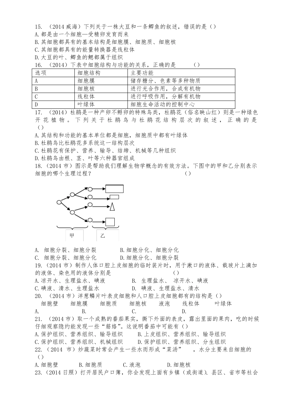 生物体的结构层次练习试题与答案_第2页