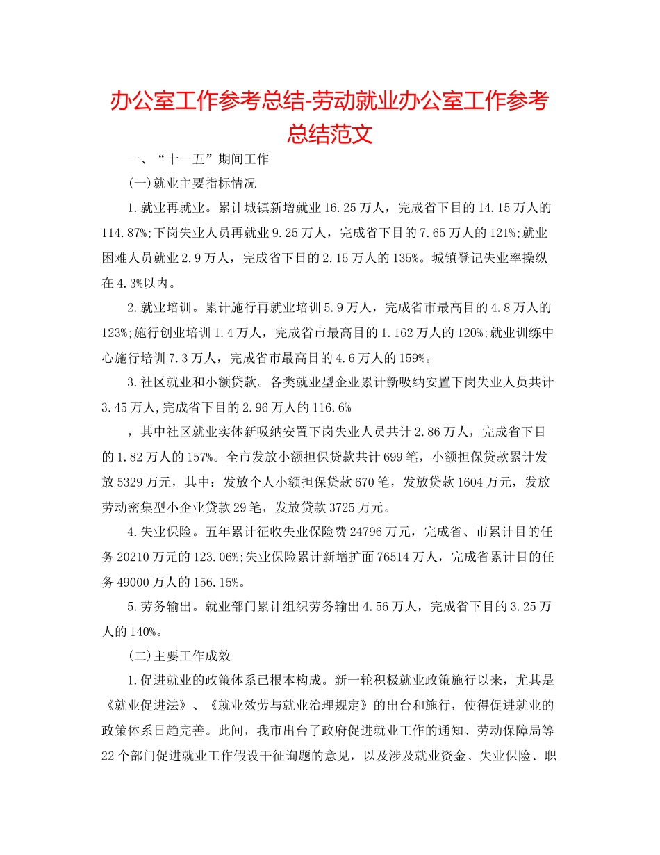 办公室工作参考总结劳动就业办公室工作参考总结范文_第1页