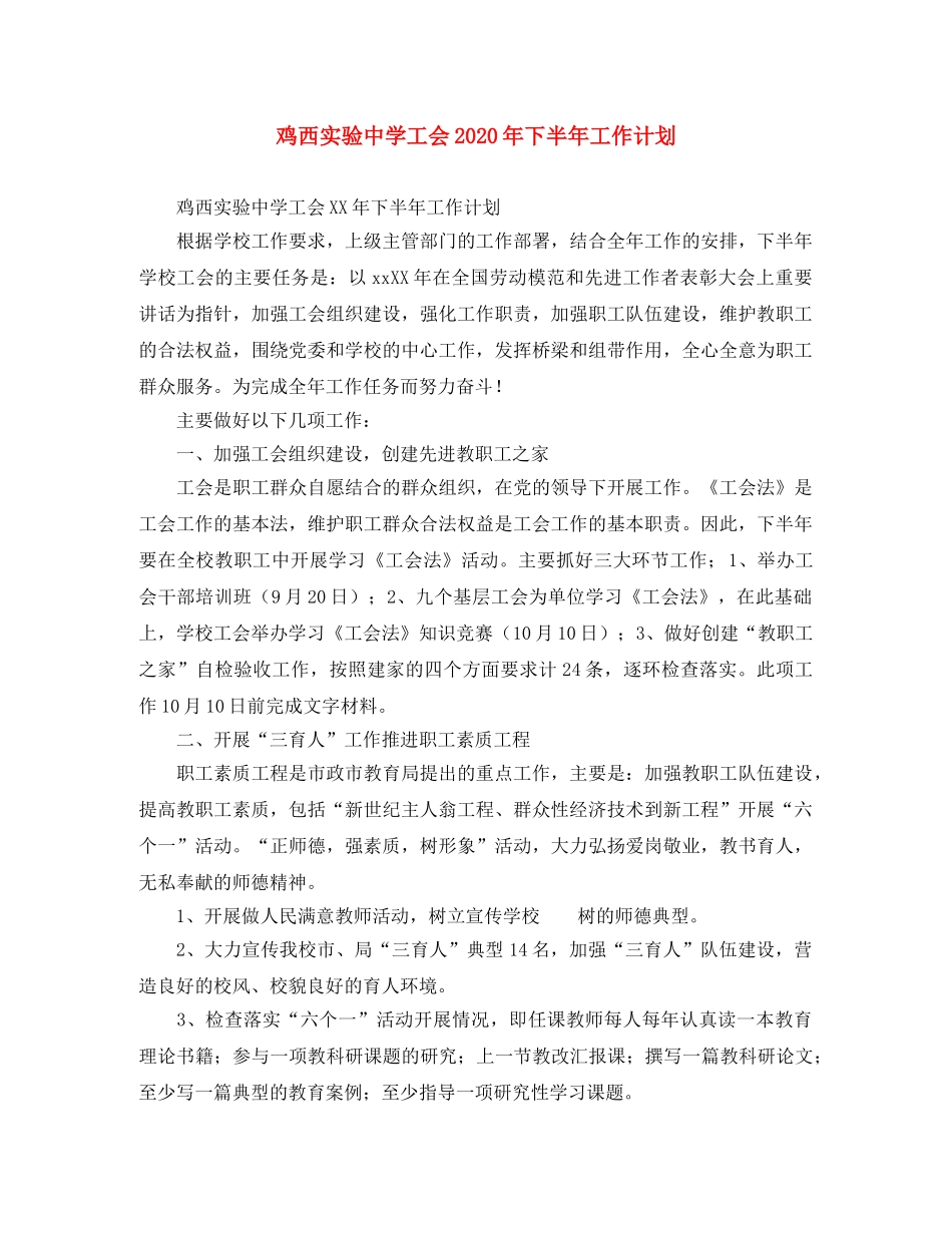 鸡西实验工会2020年下半年工作计划 _第1页