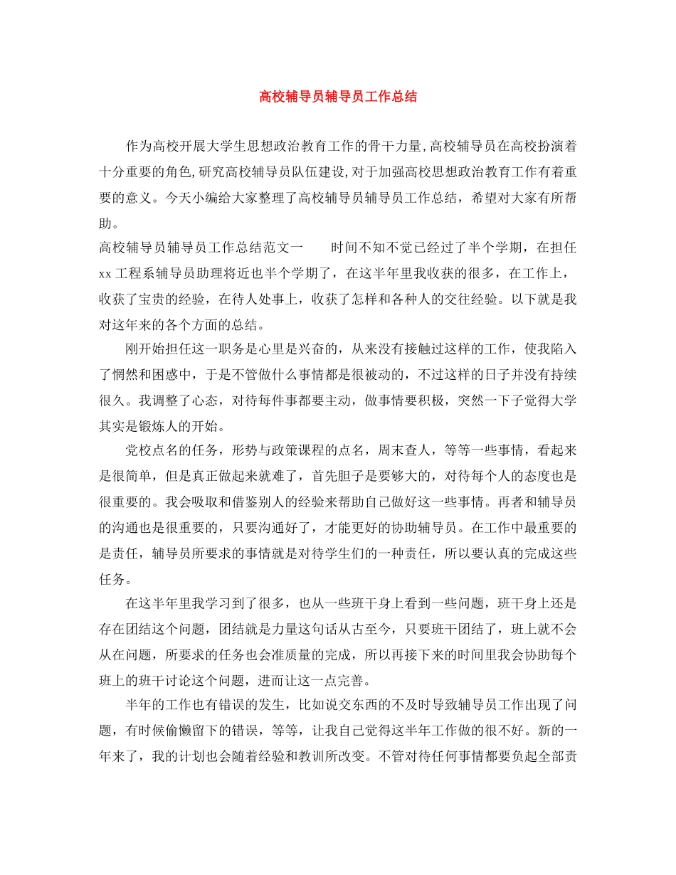 高校辅导员辅导员工作总结 _第1页