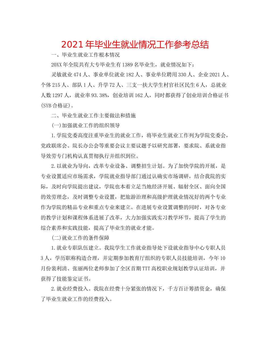 2021年毕业生就业情况工作参考总结_第1页