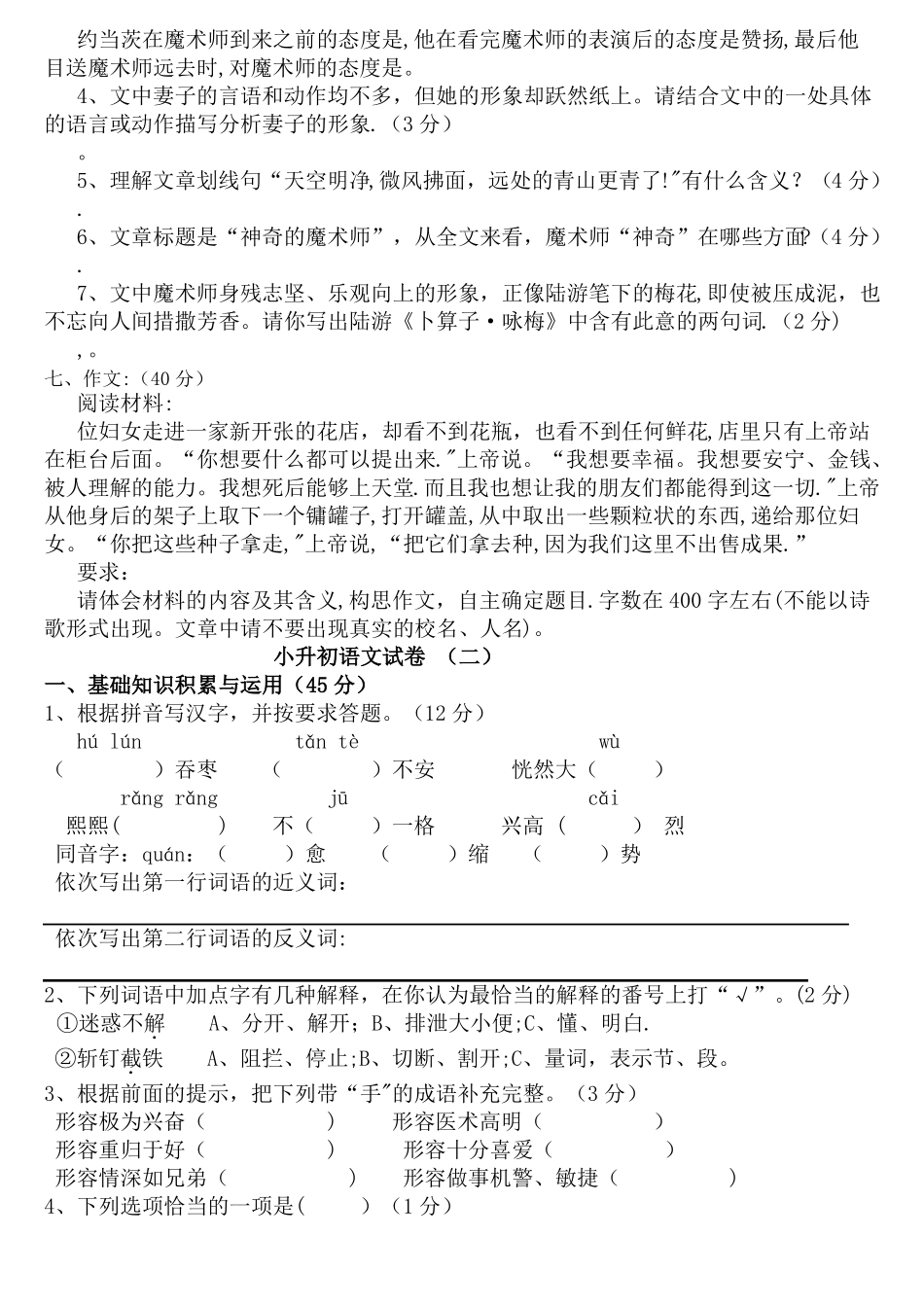 小升初语文测试卷含答案_第3页