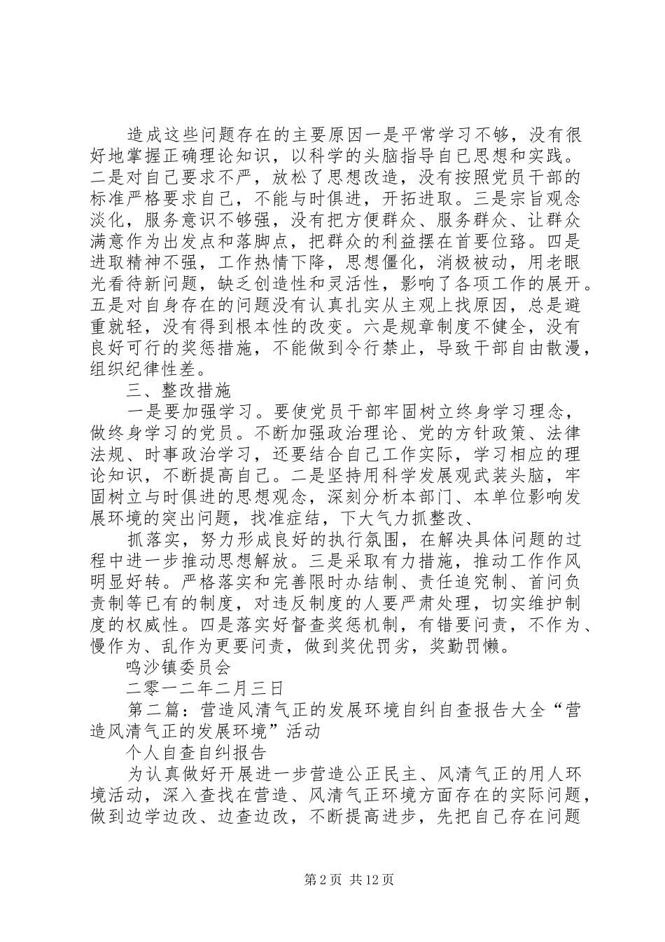 镇营造风清气正发展环境自纠自查报告_第2页
