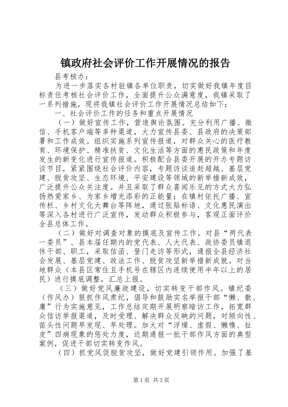 镇政府社会评价工作开展情况的报告_第1页