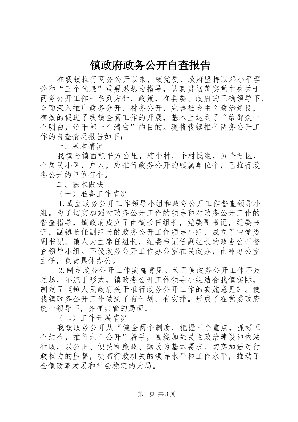 镇政府政务公开自查报告_第1页