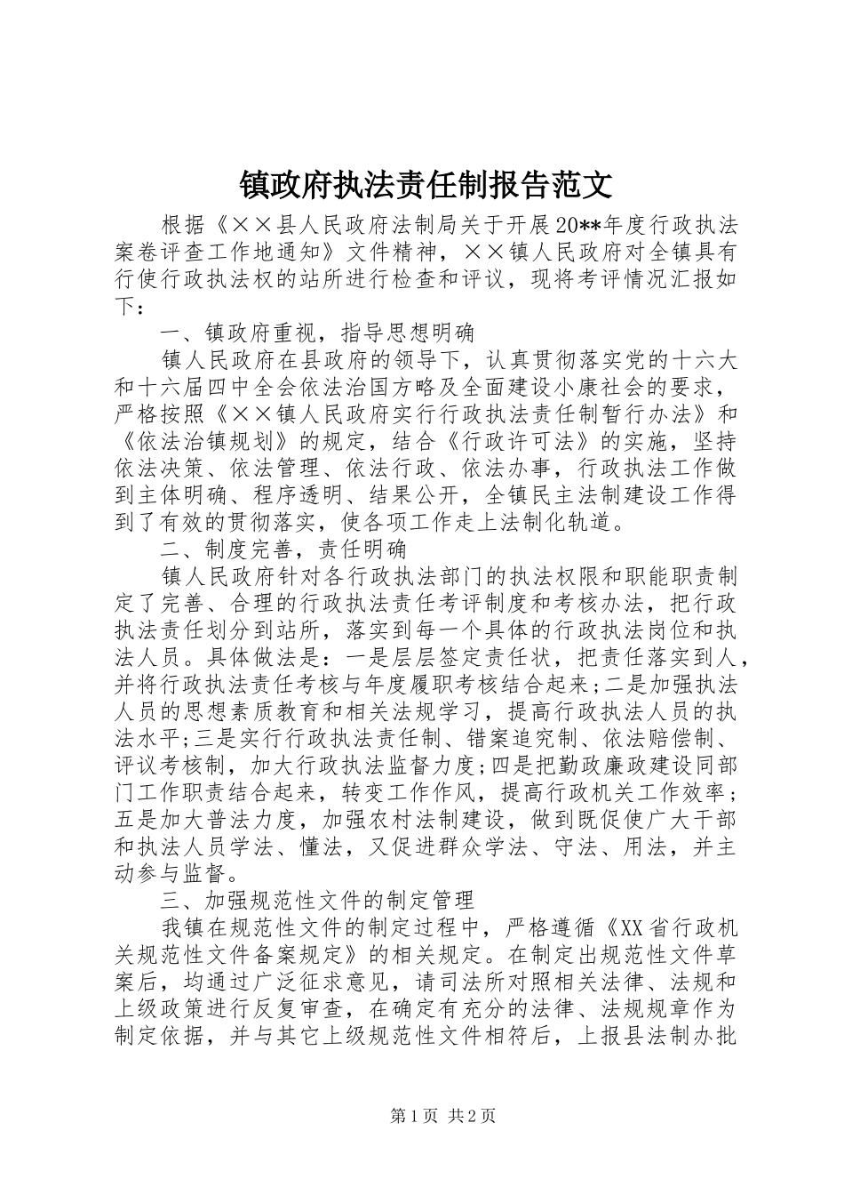 镇政府执法责任制报告范文_第1页