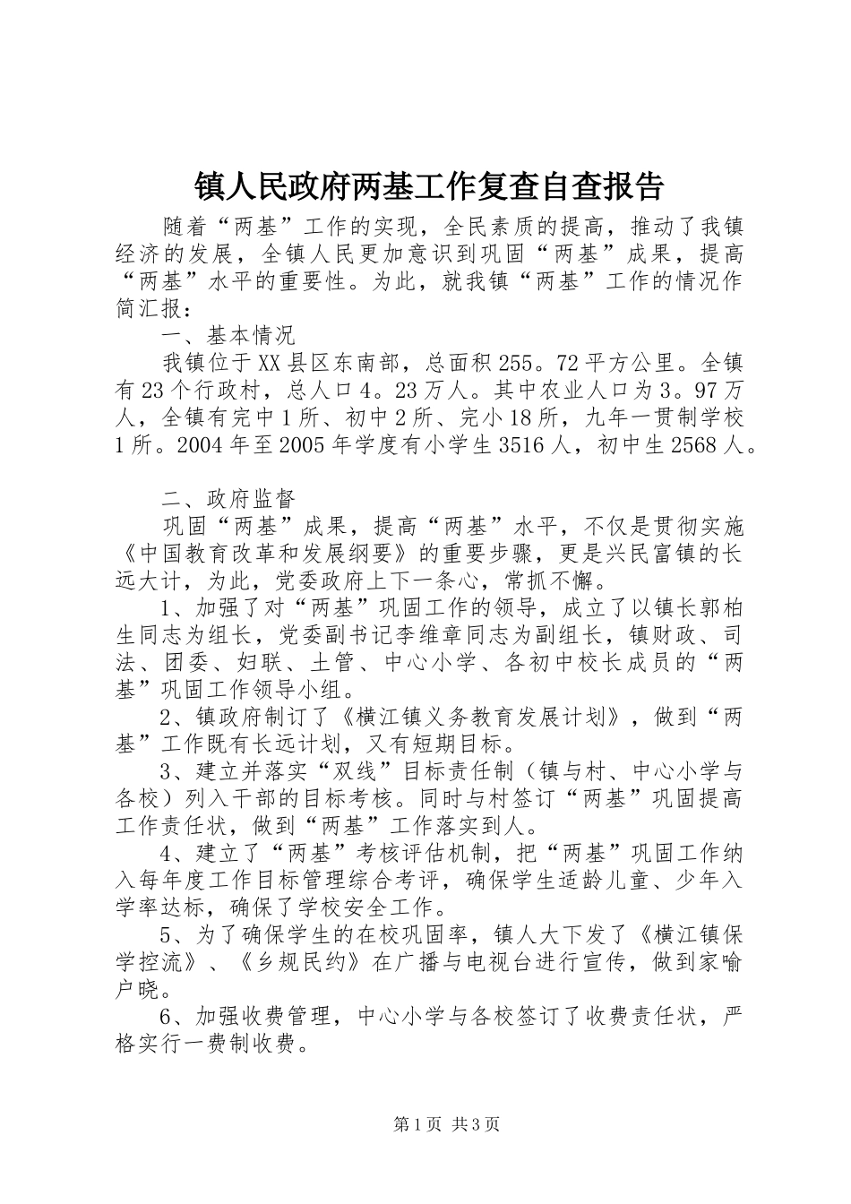 镇人民政府两基工作复查自查报告_第1页