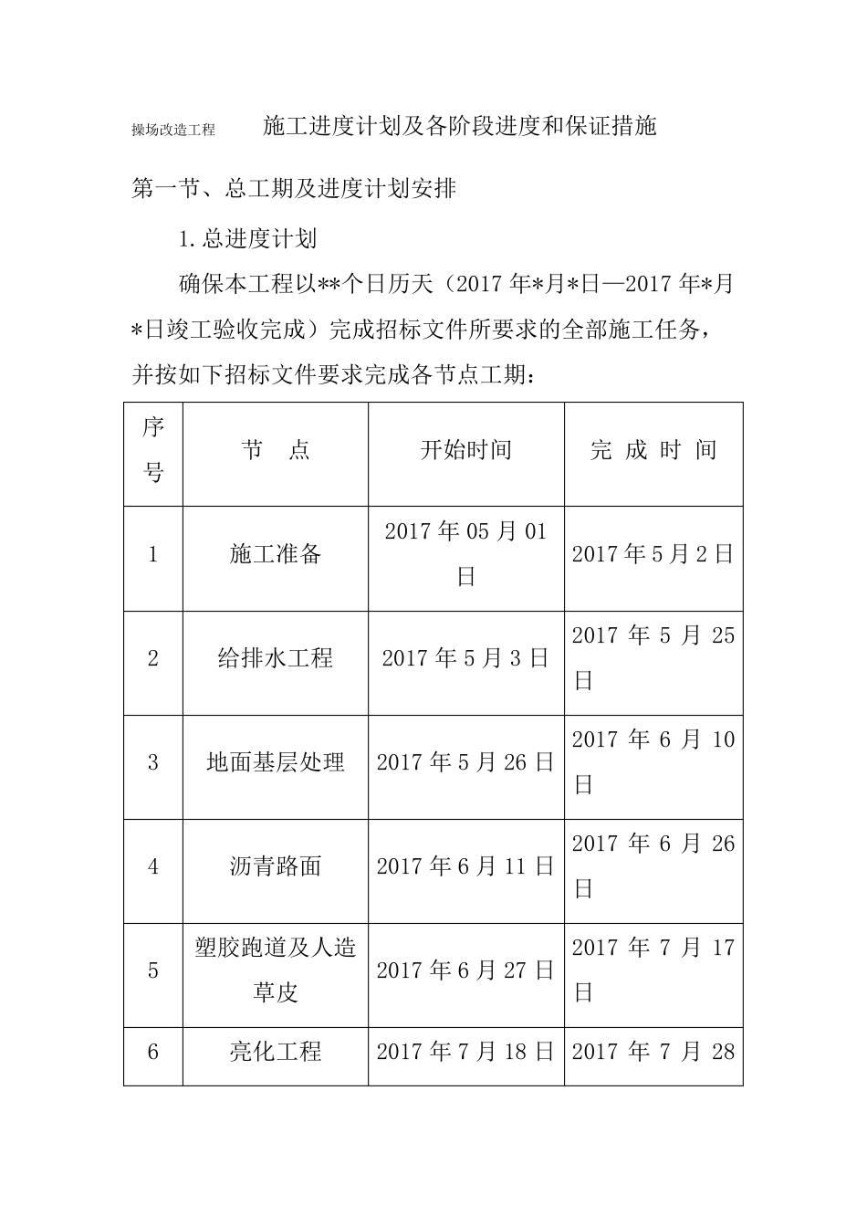 操场改造工程施工进度计划及各阶段进度和保证措施_第1页