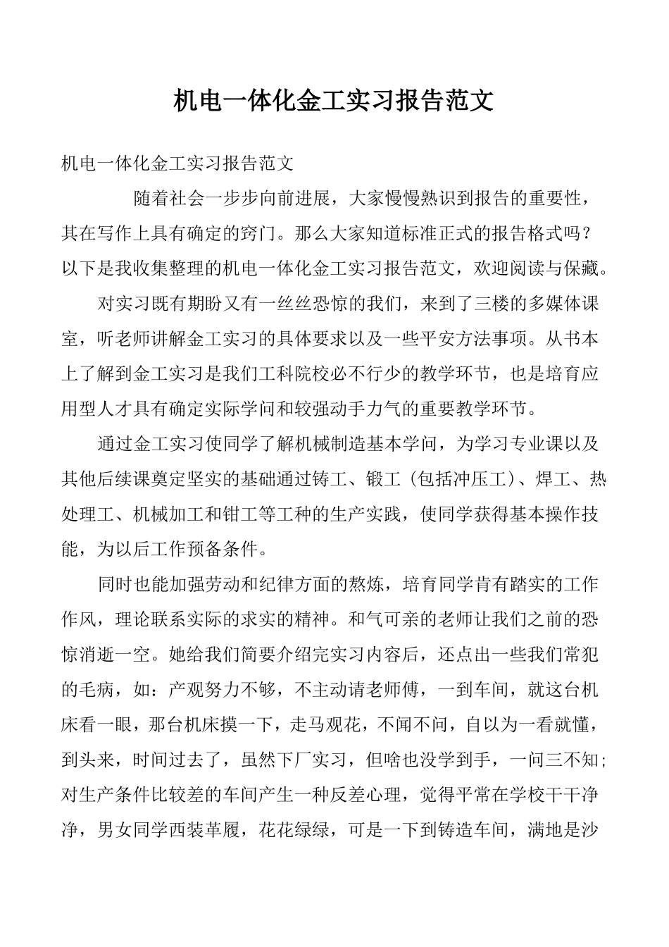 机电一体化金工实习报告范文_第1页