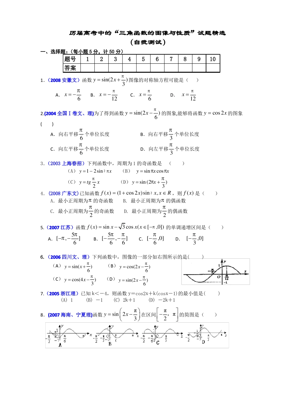 历届数学高考中的试题精选——三角函数的图像与性质_第1页