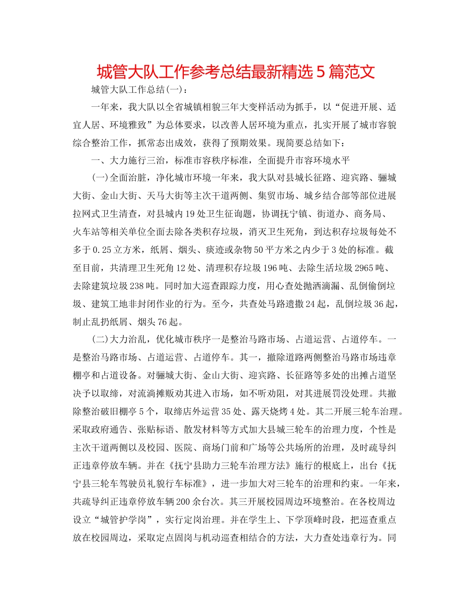 城管大队工作参考总结精选5篇范文_第1页