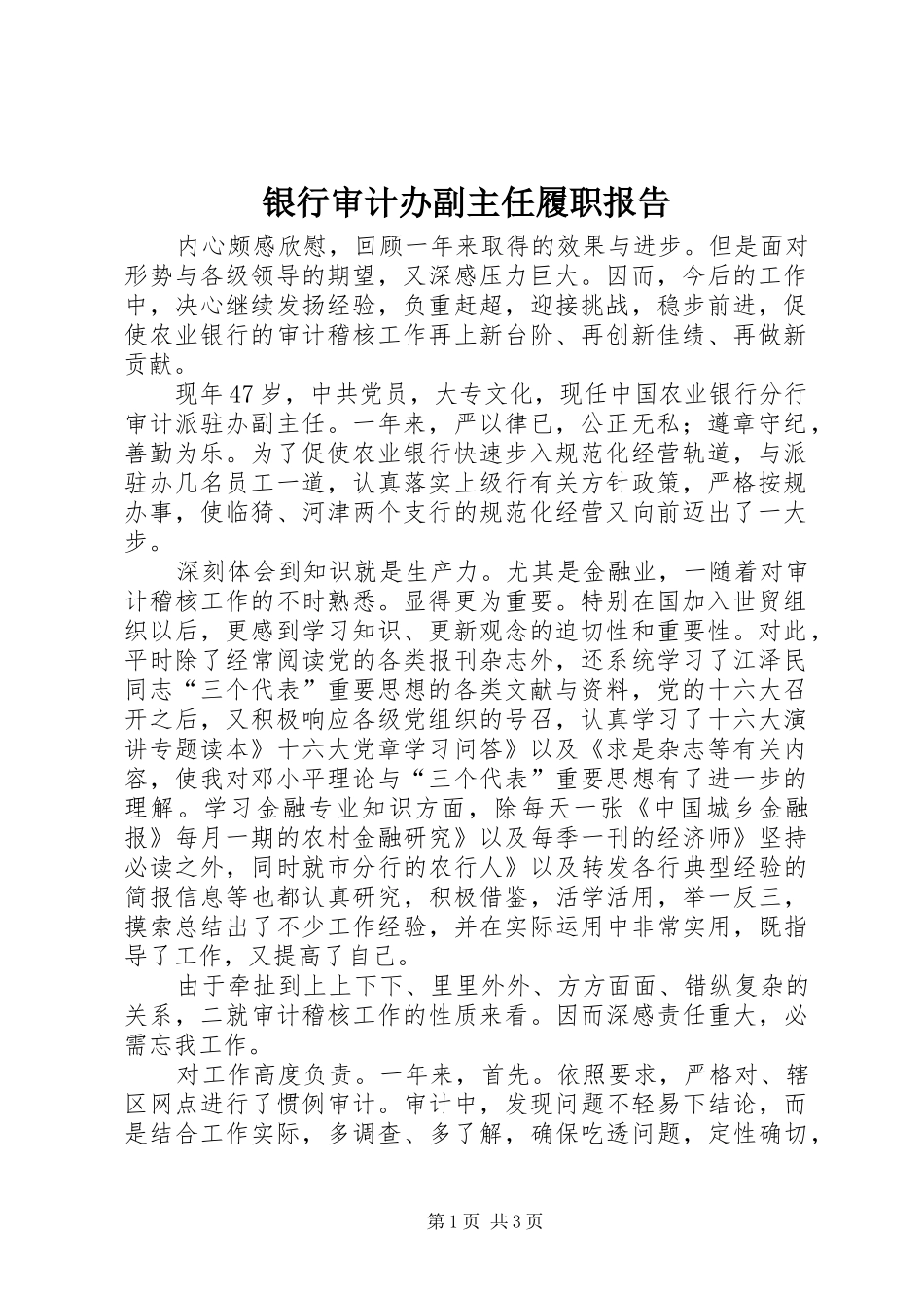 银行审计办副主任履职报告_第1页