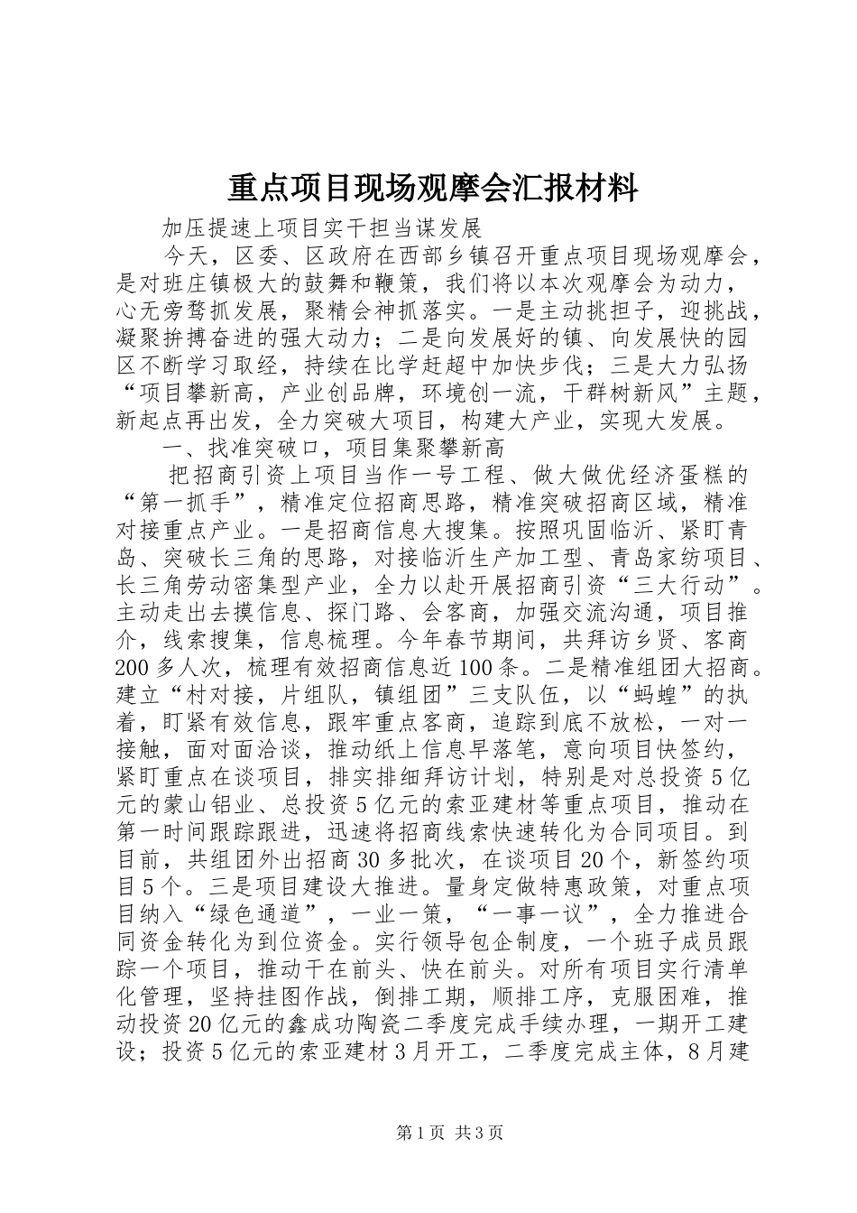 重点项目现场观摩会汇报材料_第1页