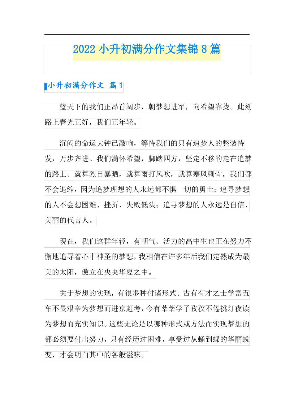 可编辑2022小升初满分作文集锦8篇_第1页