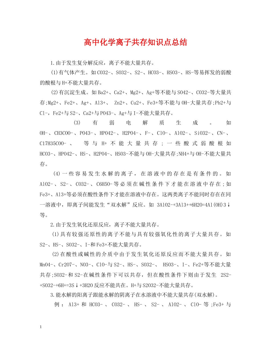高中化学离子共存知识点总结 _第1页