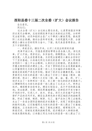 酉阳县委十三届二次全委（扩大）会议报告