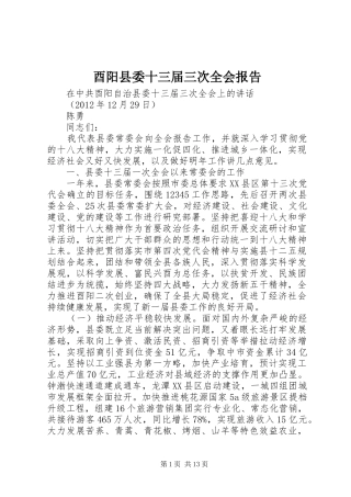 酉阳县委十三届三次全会报告