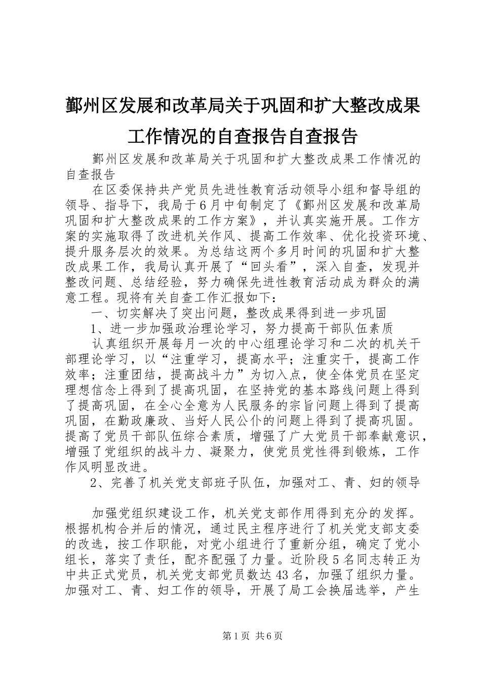 鄞州区发展和改革局关于巩固和扩大整改成果工作情况的自查报告自查报告_第1页