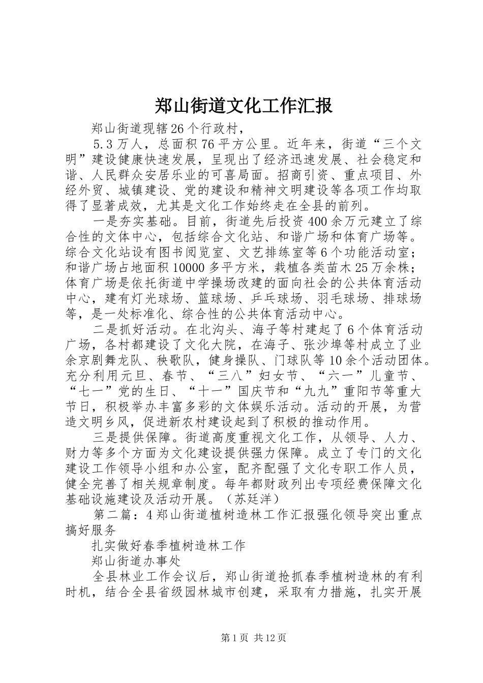 郑山街道文化工作汇报_第1页