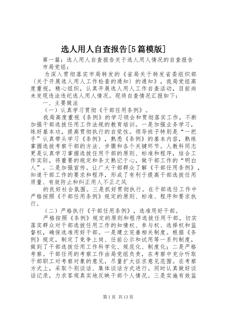 选人用人自查报告[5篇模版]_第1页
