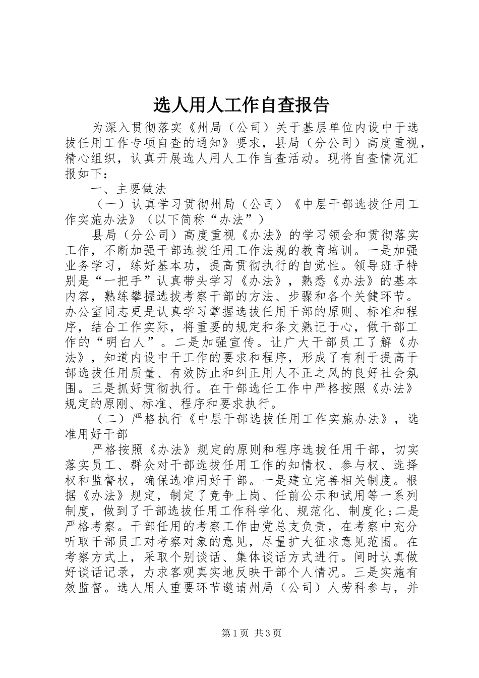 选人用人工作自查报告_第1页