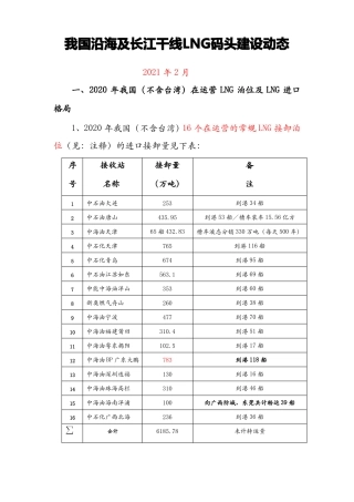 我国沿海及长江干线LNG码头建设动态
