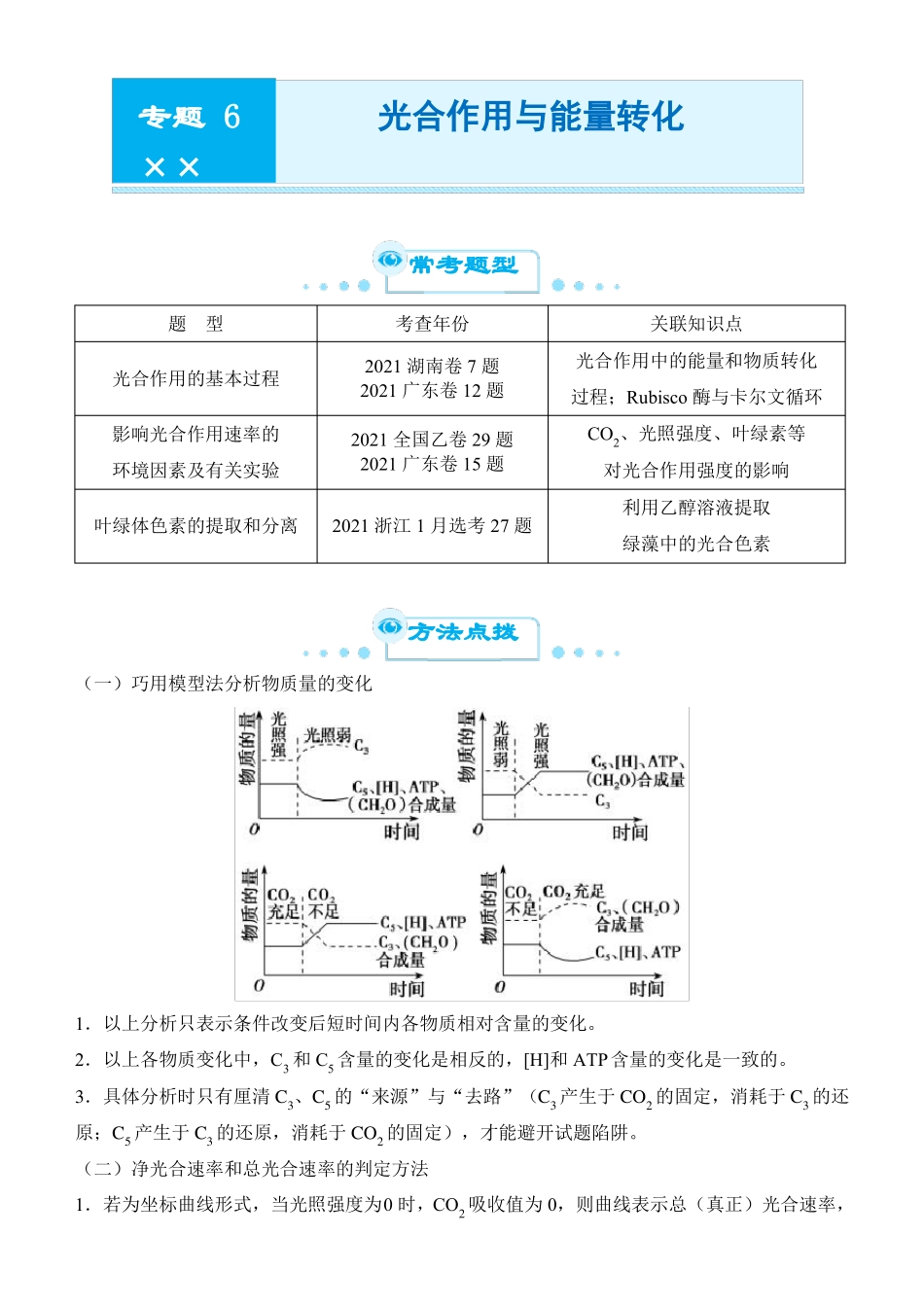 原创新高考2022届优质校一模试卷专题汇编6光合作用与能量转化教师版_第1页