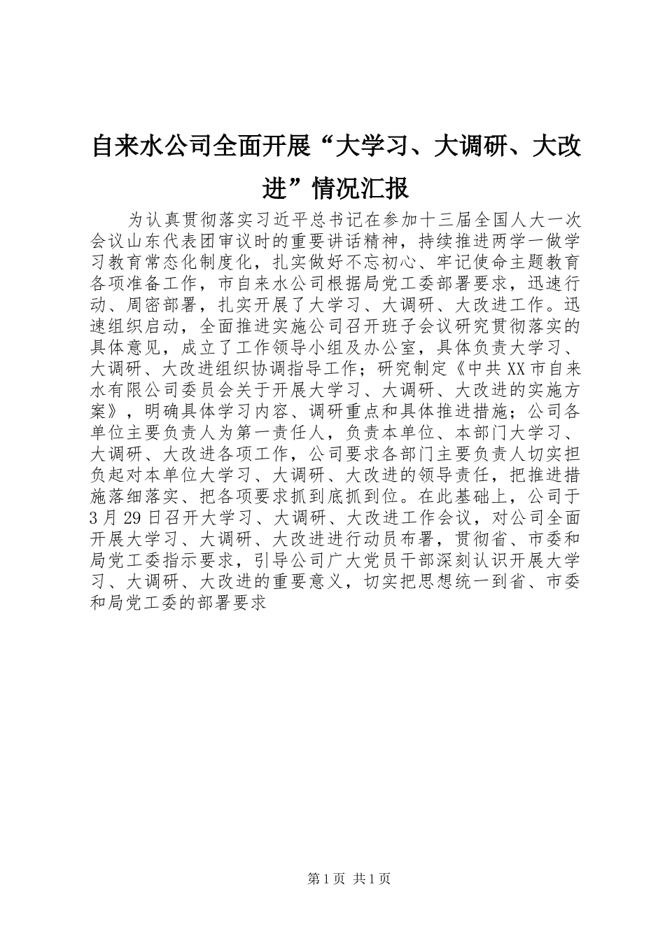 自来水公司全面开展“大学习、大调研、大改进”情况汇报_第1页