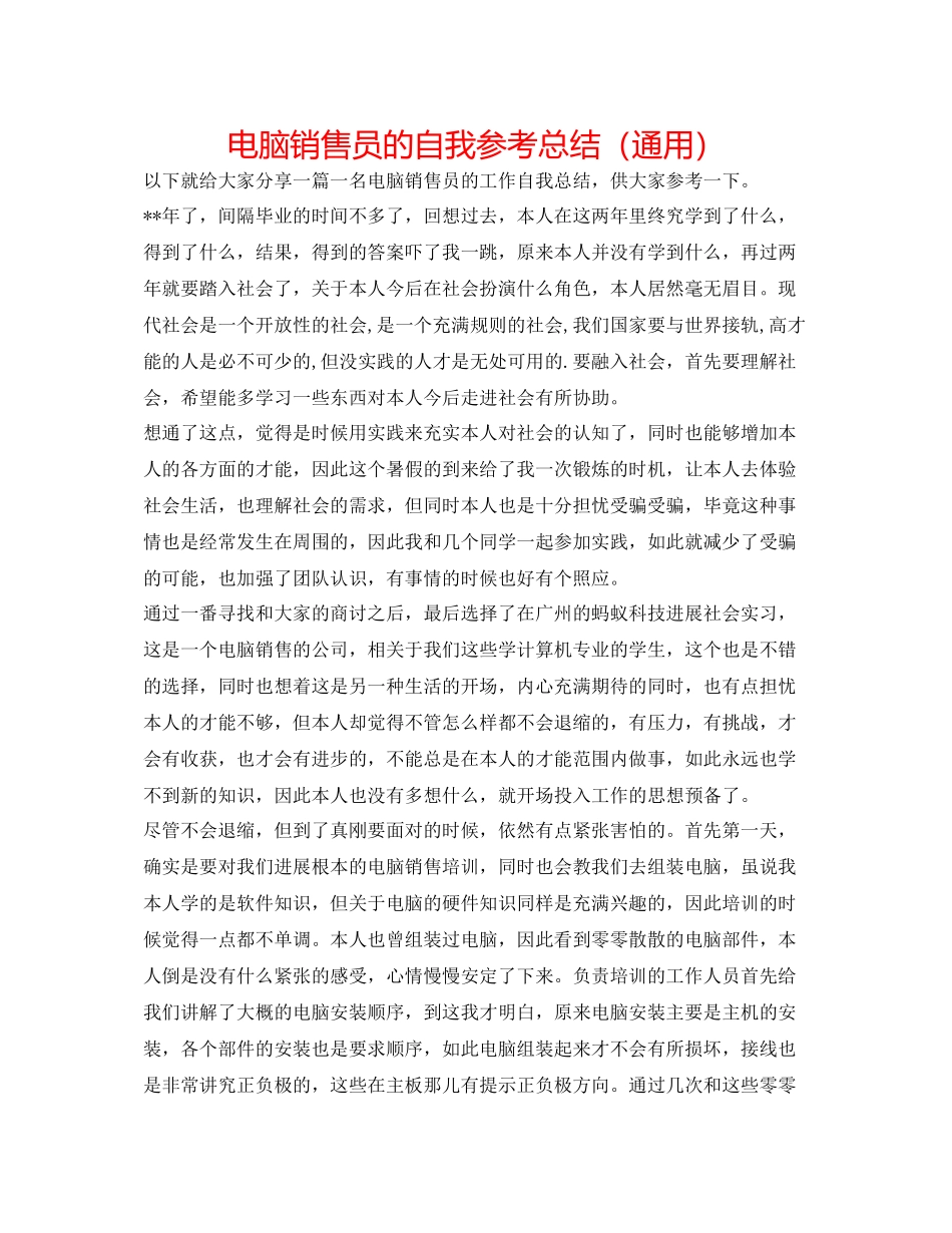 电脑销售员的自我参考总结（通用）_第1页