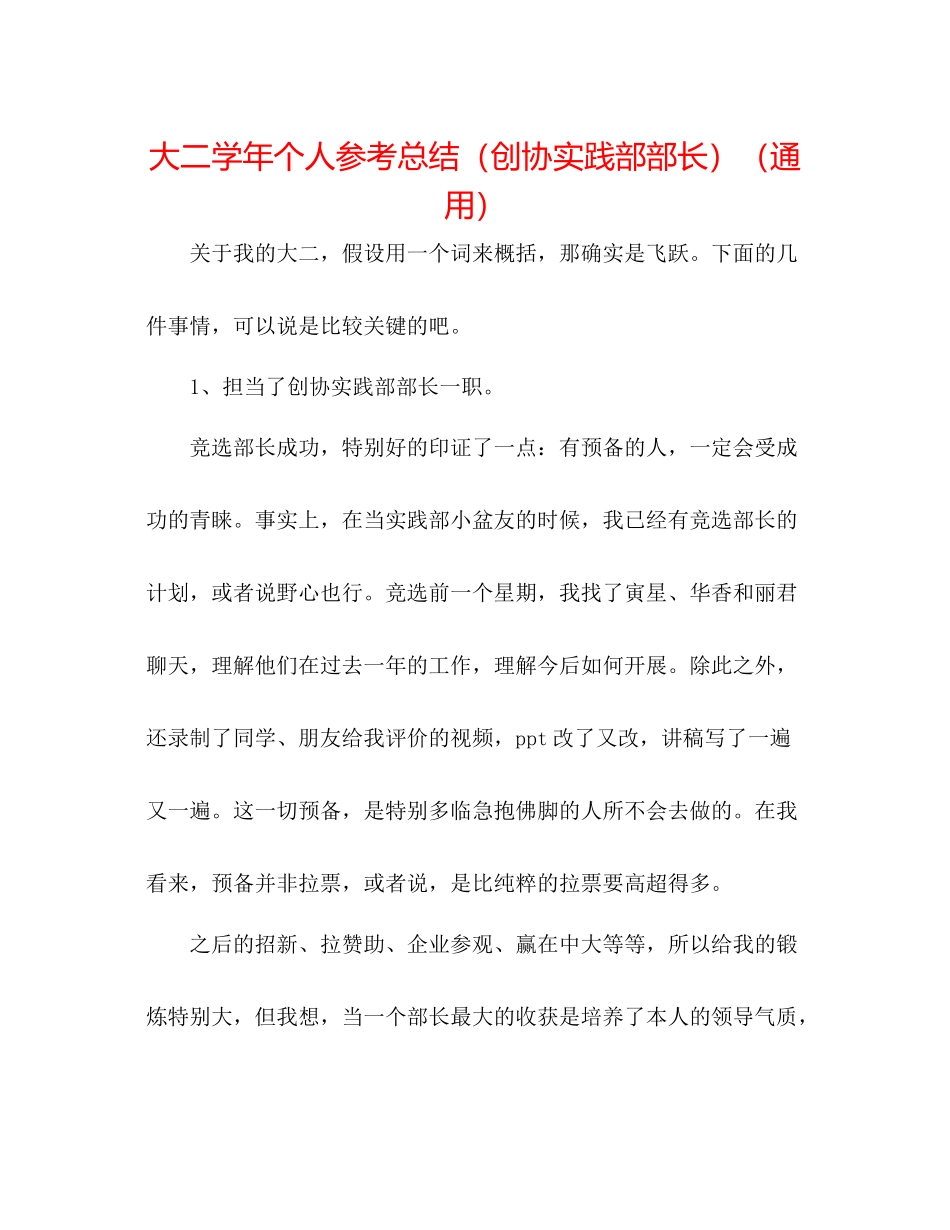 大二学年个人参考总结（创协实践部部长）（通用）_第1页